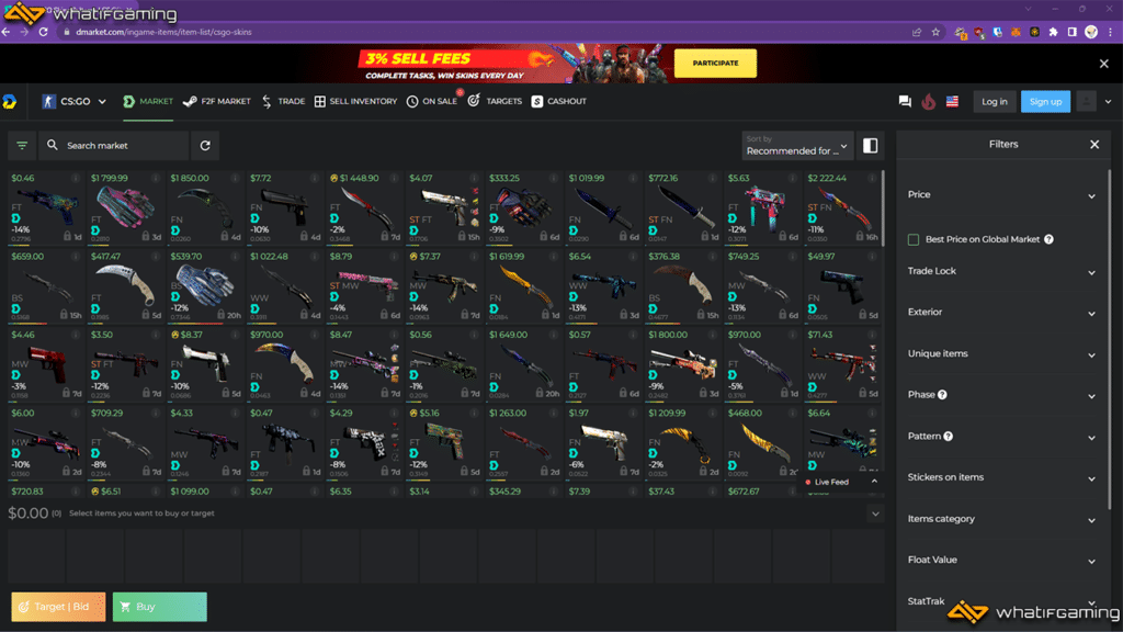 A photo of the DMarket CS:GO trading site.