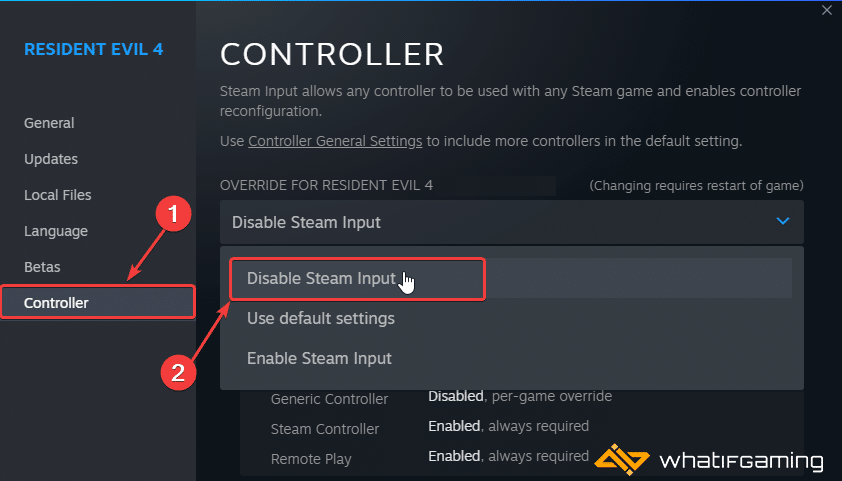 Properties > Controller > Disable Steam Input
