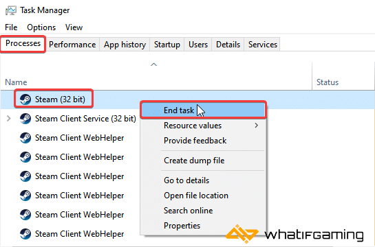 Task Manager > Processes > Steam > End task