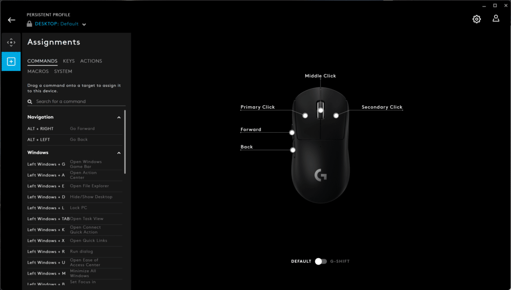 Logitech G-Hub button remapping screenshot