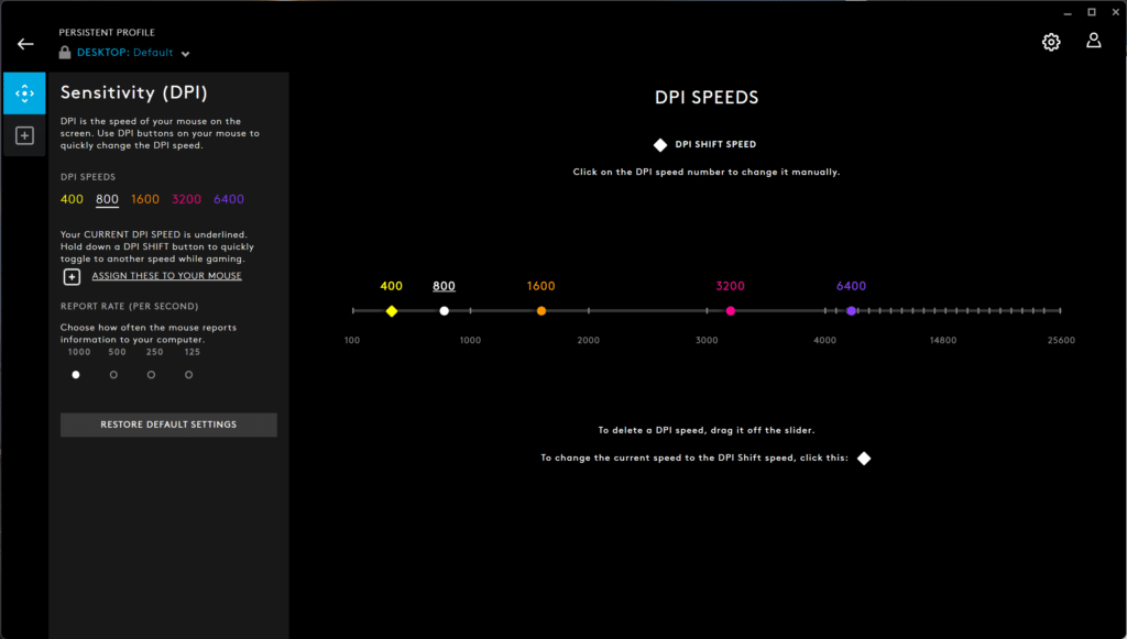 Logitech G-Hub DPI setting screenshot