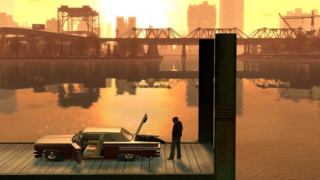Image has Niko standing on a pier - GTA Games in Order