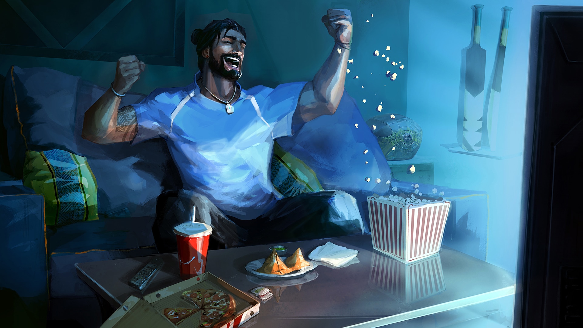 Image by N/A – Valorant wallpaper of Harbor at home eating popcorn and pizza while cheering his favorite team.