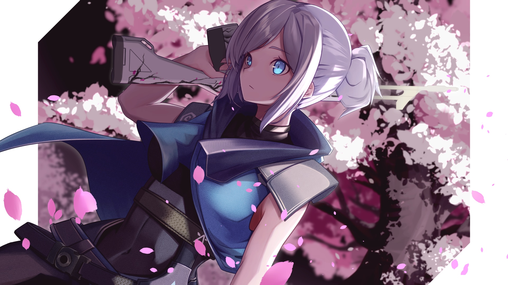 Image by K/O – Jett holding the Sakura Valorant skin with a Sakura tree in the background.