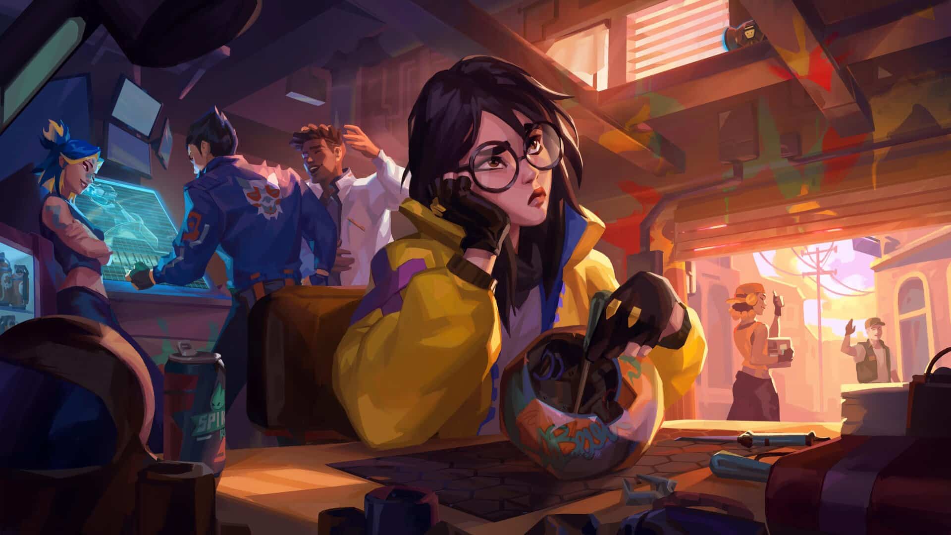 Image by Riot Games – Killjoy fixing Raze's Boom Bot while Neon, Yoru, and Phoenix are gathering intel.