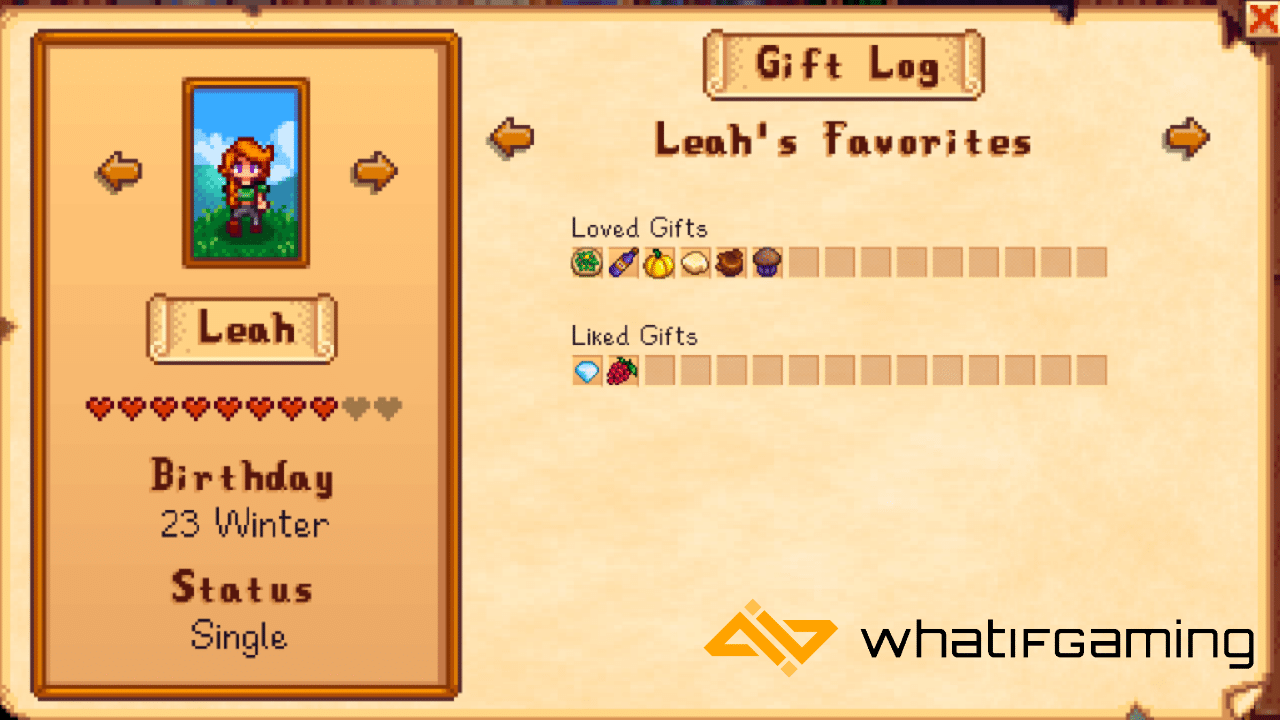 Leah's Character Gift Log in Stardew Valley