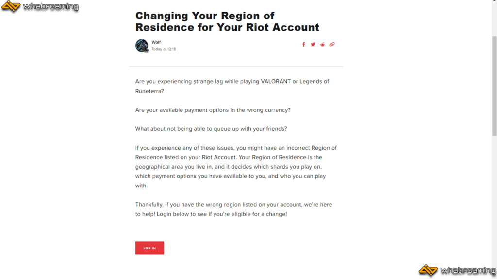 Logging-into the Valorant change region support page.