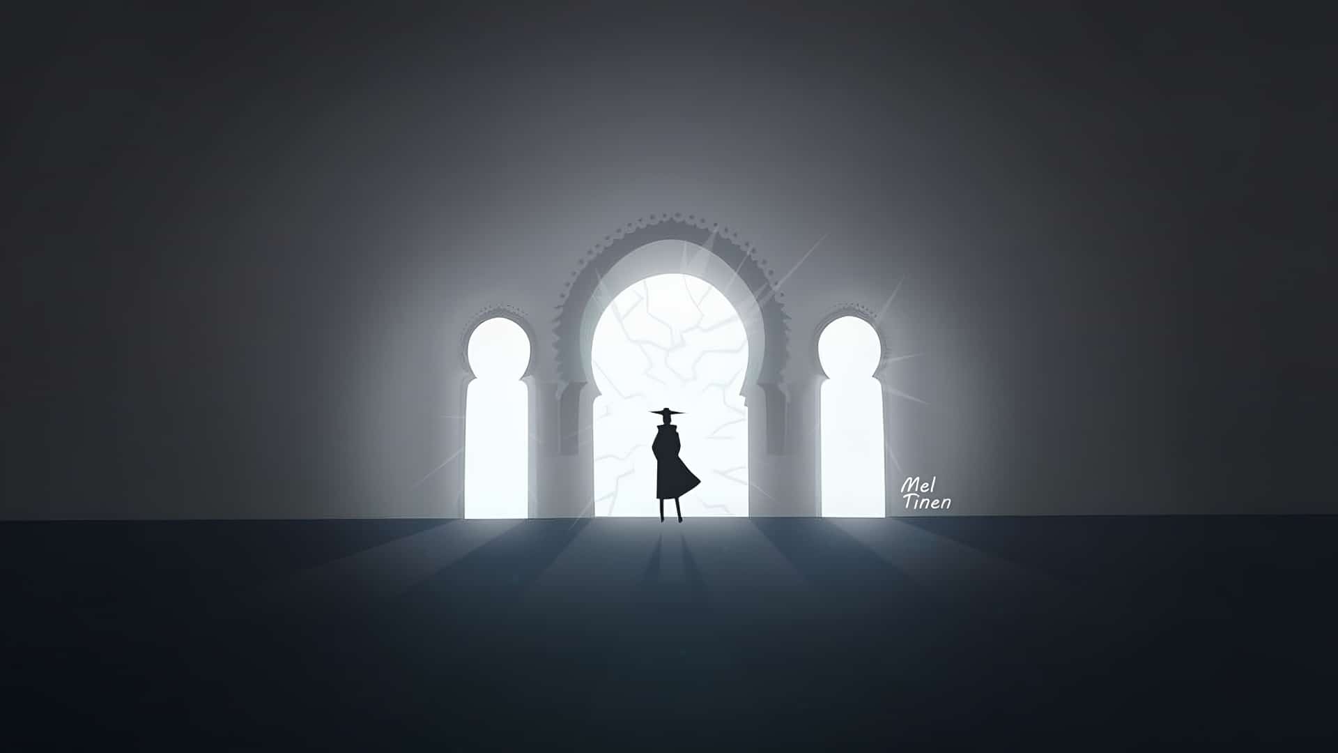 Image by Meleusou – Valorant wallpaper of Cypher's silhouette standing over a broken entrance.