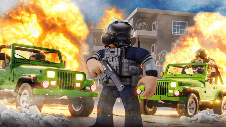 Image has a roblox soldier standing while explosions go off in the background