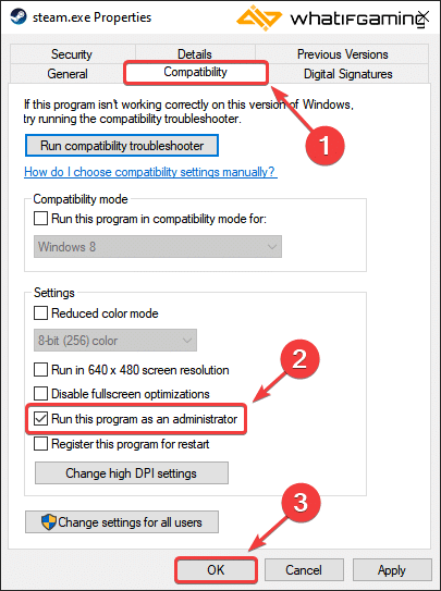 Properties > Compatability > Run this program as an administrator