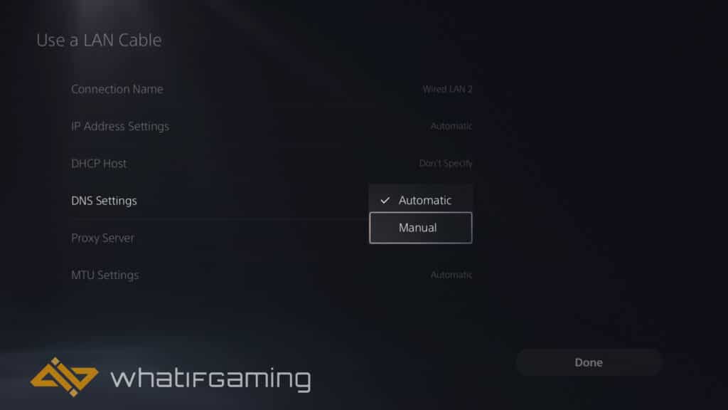 Selecting Manual DNS on PS5