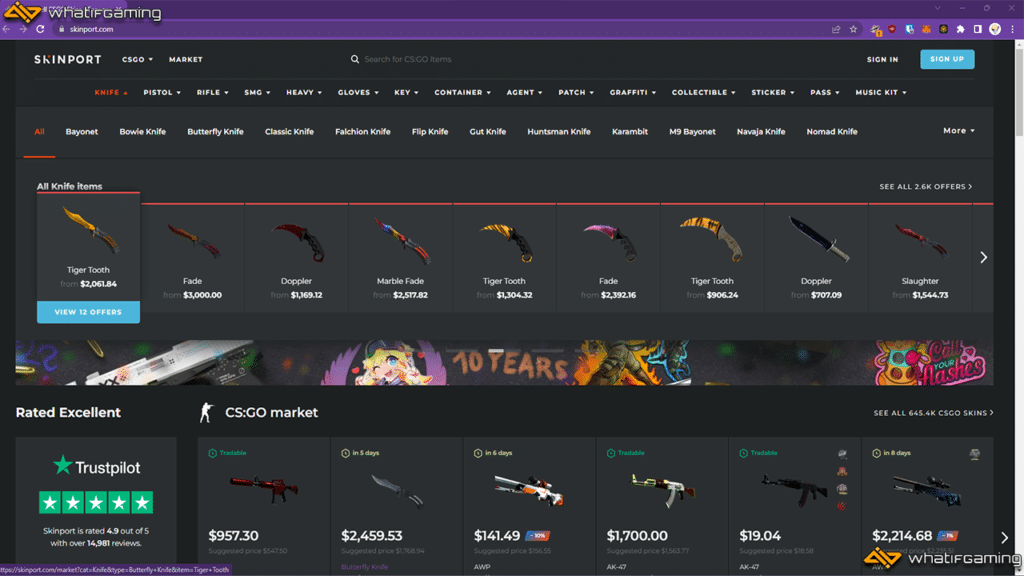 A photo of the Skinport CS:GO trading site.
