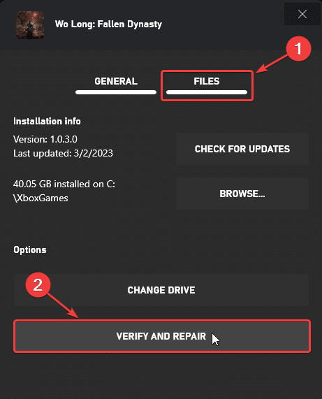 Installed > Wo Long Fallen Dynasty > Three Dots > Manage > Files > Verify and Repair