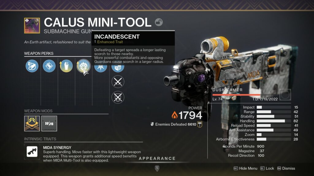 Destiny 2 Incandescent on Calus Mini-Tool SMG.