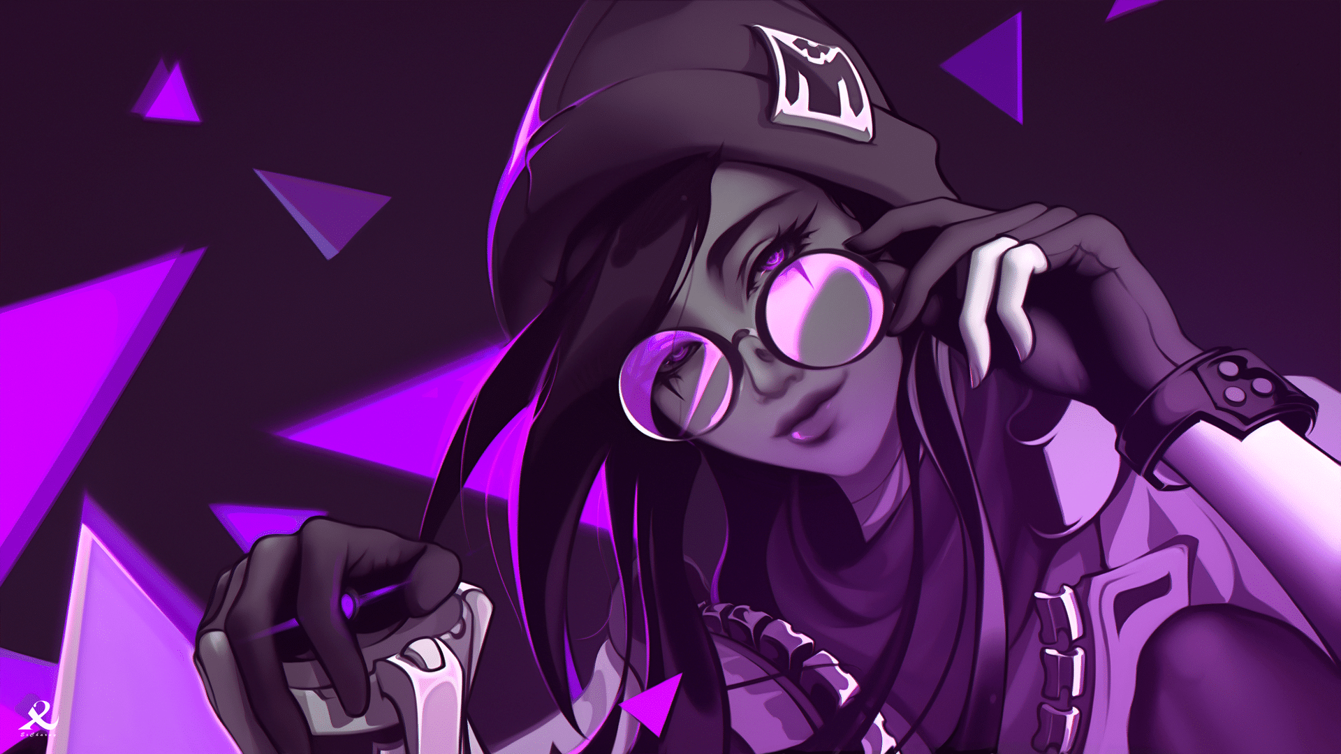 Image by Excharny – Killjoy adjusting her glasses in a purple hue.