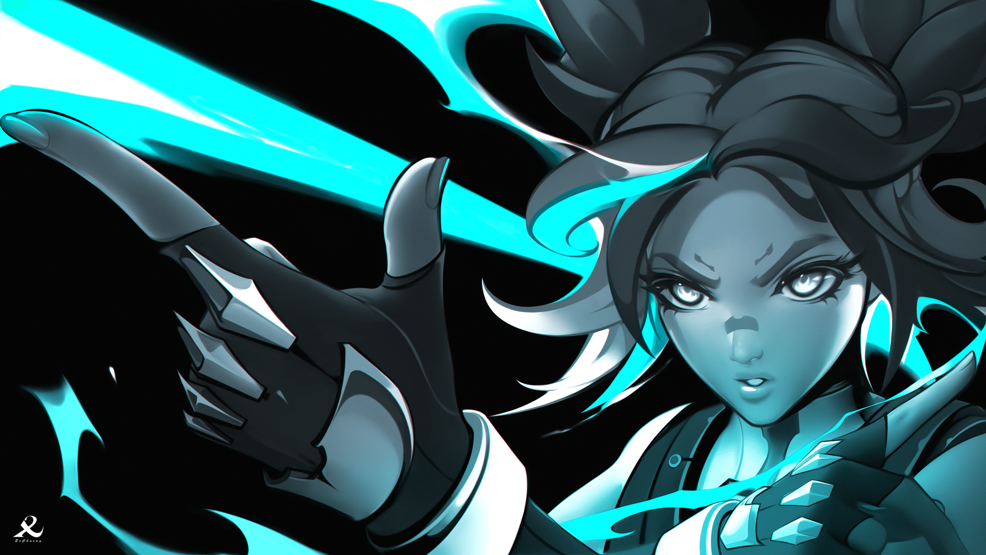 Image by Excharny – Neon using her finger guns over a teal color theme.