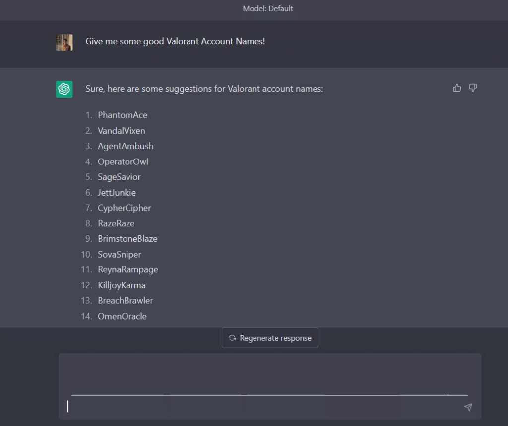 Chat GPT Valorant Names