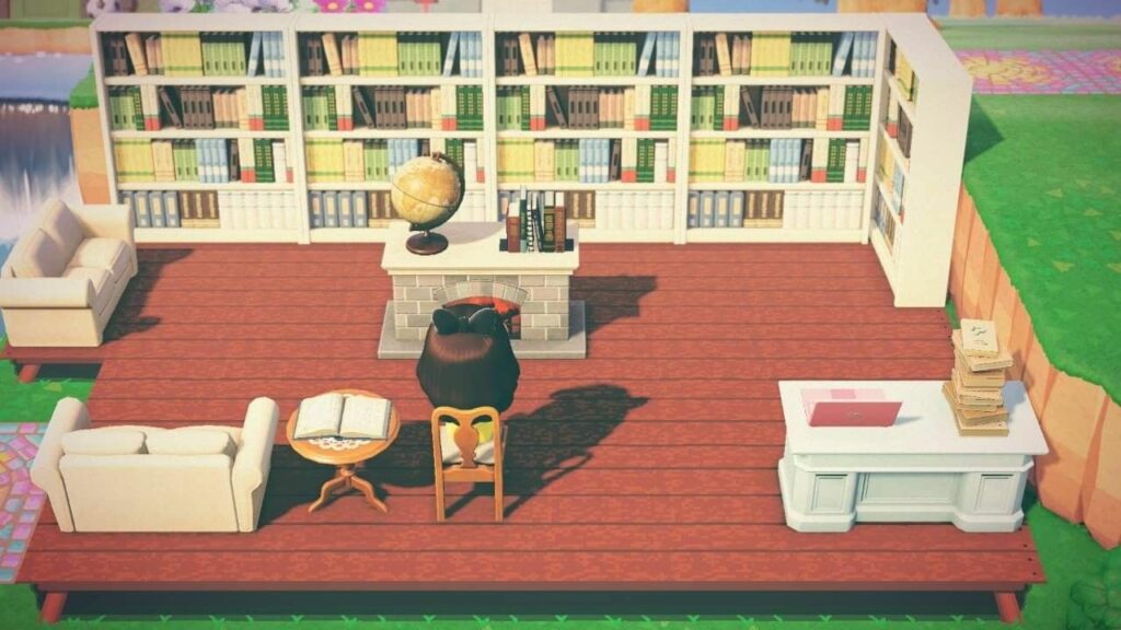 An example of a mini library in Animal Crossing. Libraries are great ACNH ideas for small areas.