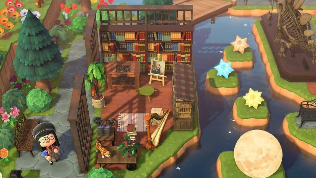 An example of a mini library in Animal Crossing. Libraries are great ACNH ideas for small areas.
