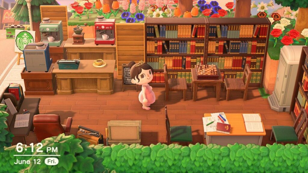 An example of a mini library in Animal Crossing. Libraries are great ACNH ideas for small areas. 