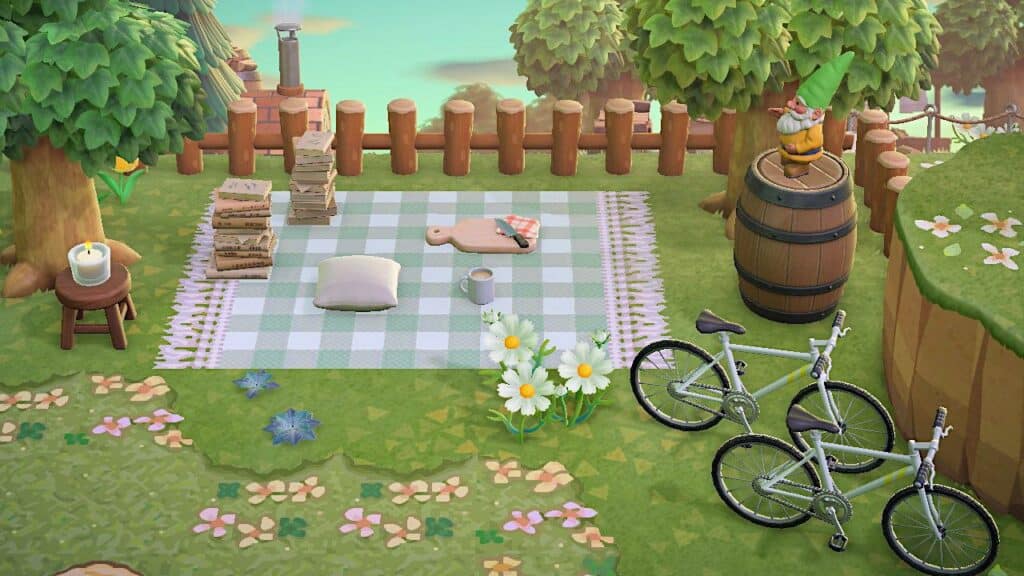 An example of a mini picnic area in Animal Crossing. Picnics are great ACNH ideas for small areas.