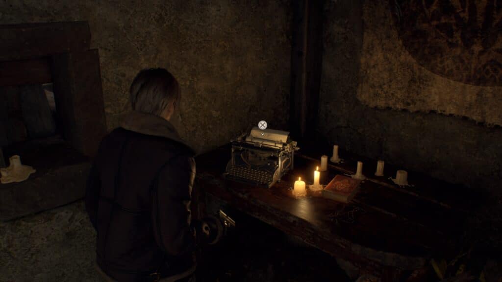 Resident Evil 4 Remake Screenshot featuring the iconic typewriter