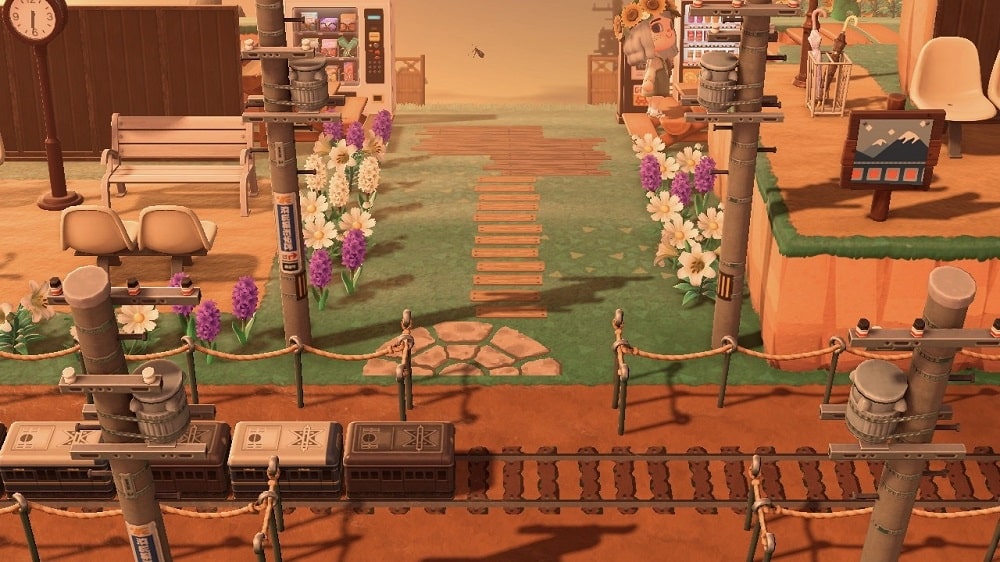 A train track entrance idea in Animal Crossing.