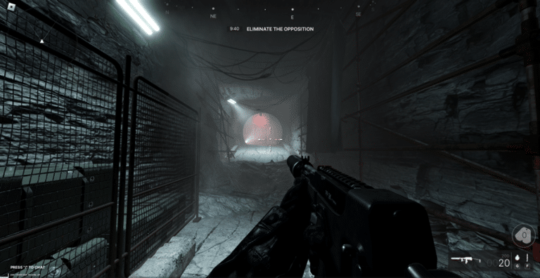 Image shows a corridor at night with a character holding a machine gun, a realistic Roblox game