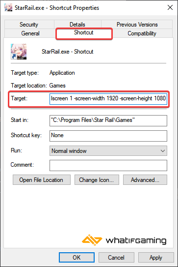 Updated target in the shortcut