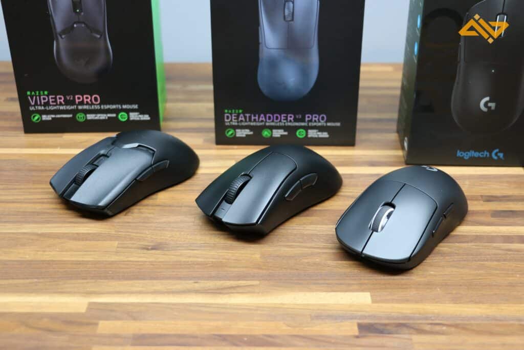 Deathadder V3 beside Viper V2 and G Pro X.