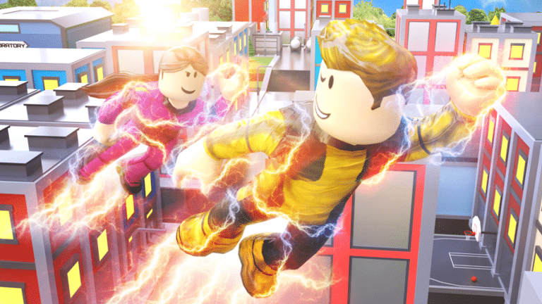 Image shows two super powered characters flying