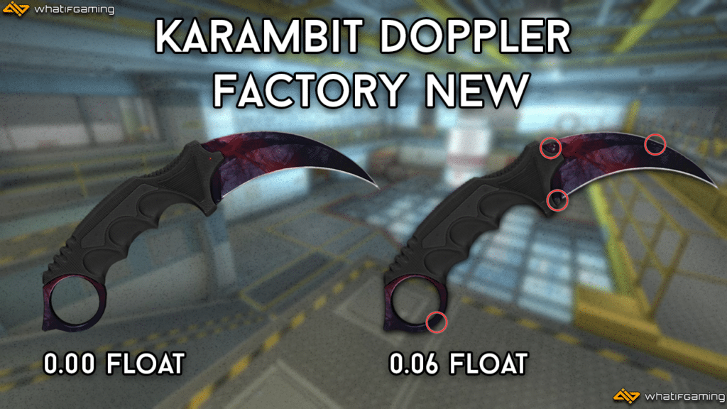 A photo showing the difference between 0.00 float and 0.06 float on the Karambit Doppler.