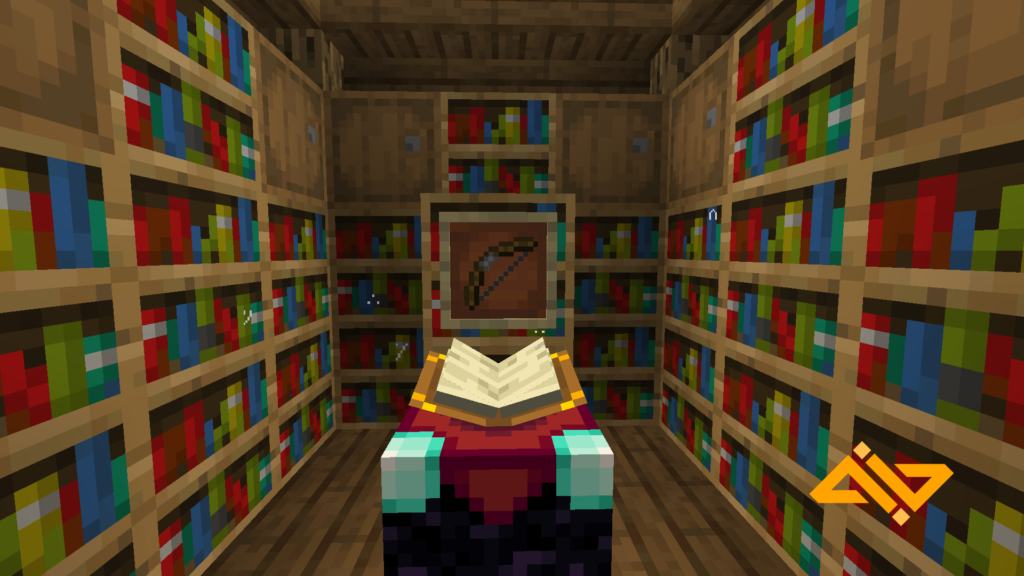 A Minecraft enchantment table surrounded by bookshelves and a bow in a picture frame.