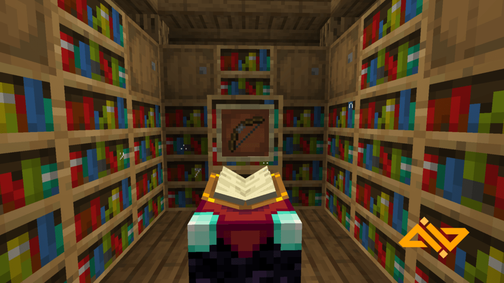 A Minecraft enchantment table surrounded by bookshelves and a bow in a picture frame.