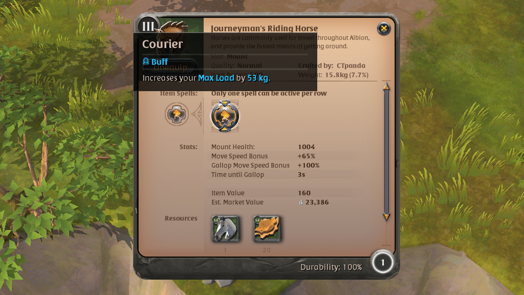 Max load bonus of a T3 Horse in Albion Online