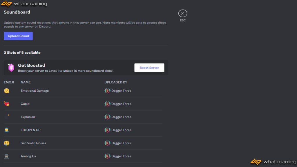 A photo showing the Discord Soundboard limitations on a server.