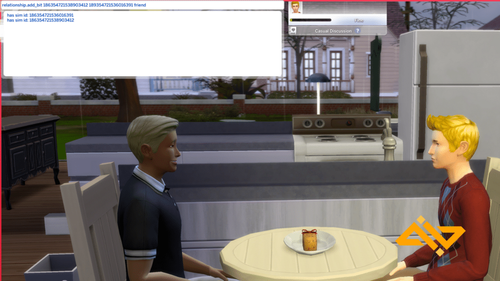 A sim in a red jumper sitting across from another sim at a table. relationship.add cheat being entered.