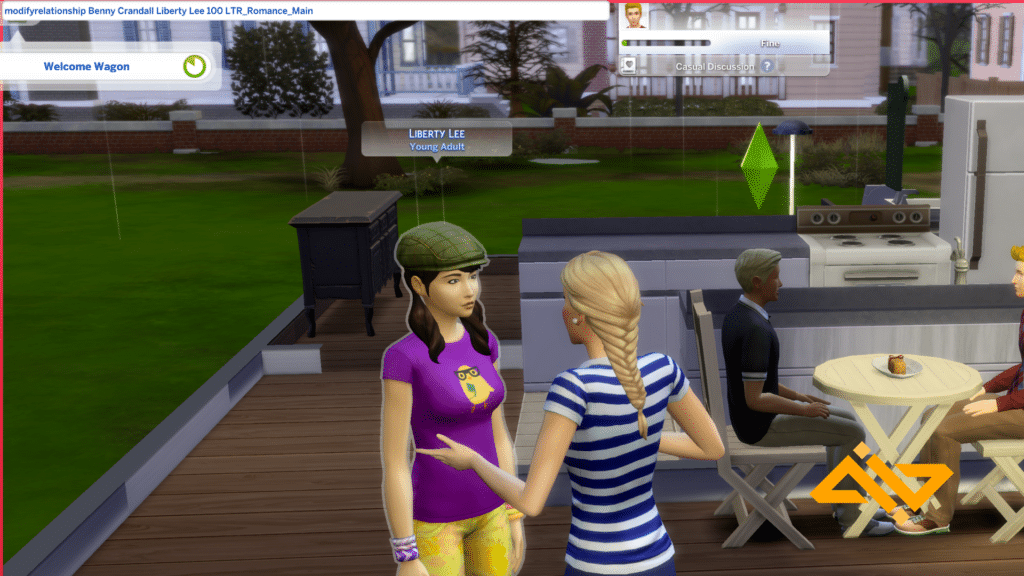 Two female sims talking to each other with the modifyrelationship cheat used to max out romance relationship.