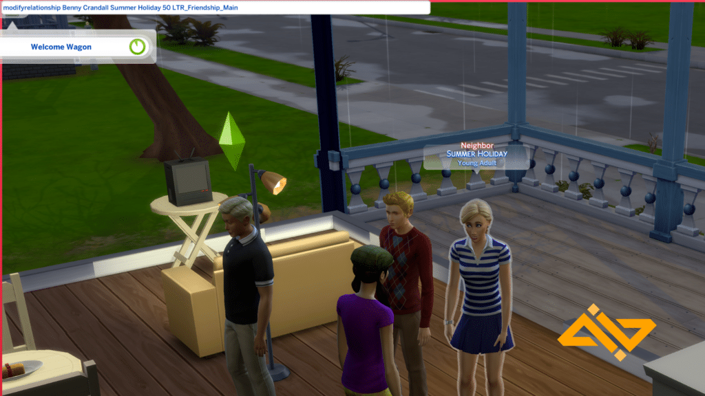 A sim being visited by other sims. Modifyrelationships cheat being entered with a sim called Summer Holiday highlighted.