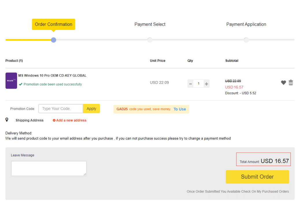 Clicking on Submit Order