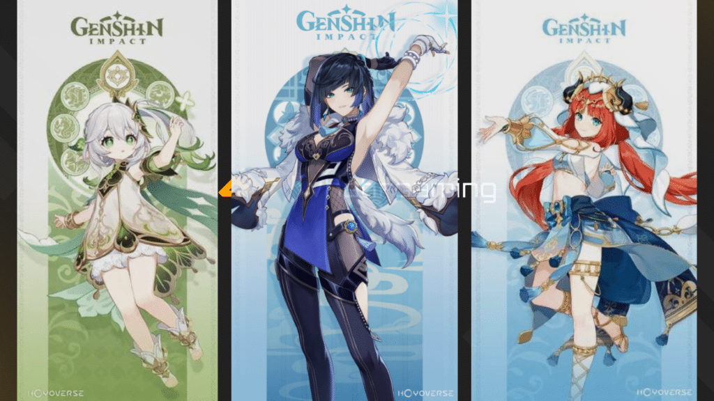 Nahida, Yelan, and Nilou Character Cards