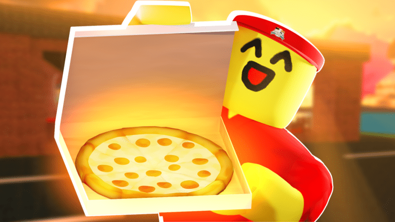 Image shows a happy character showing off a pizza