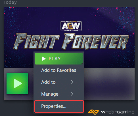 Steam > Library > Right click on AEW Fight Forever > Properties
