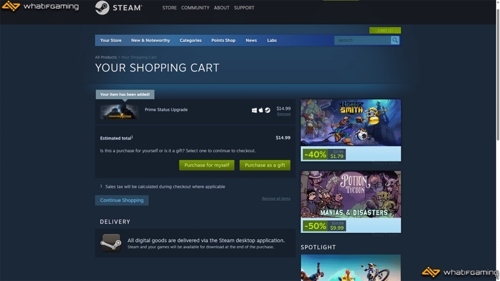 Buying CS:GO Prime from the Steam Store.