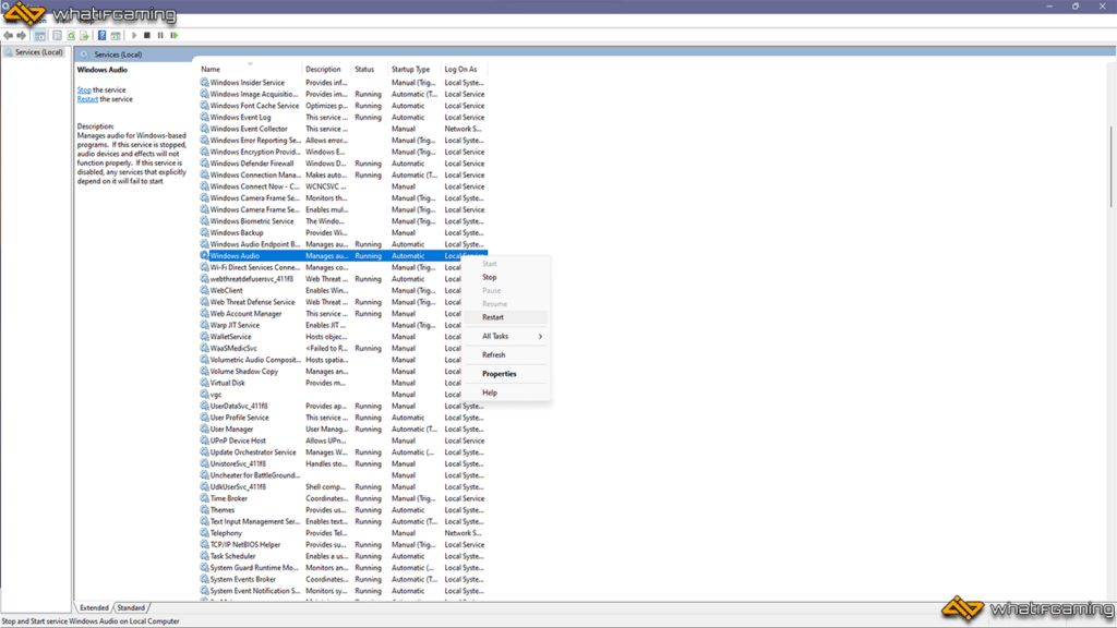 Restarting the Windows Audio Service to fix CS:GO mic not working.