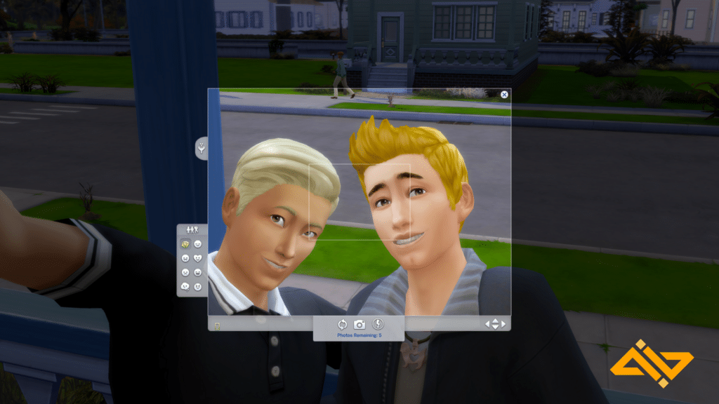 two sims taking a selfie with the camera function in the Sims 4