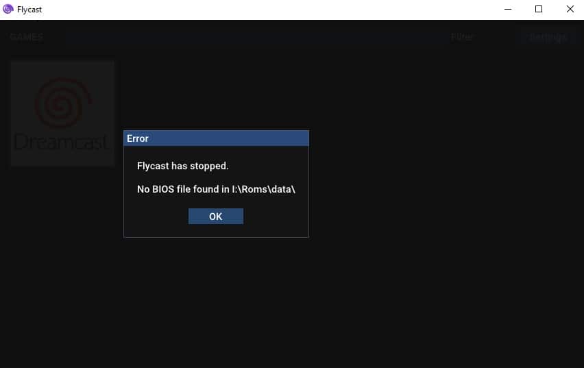 Flycast, an emulator, displaying a warning message that it cannot find BIOS files in the default folder.