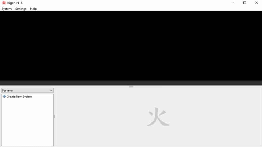 The Higan emulator default screen, prompting you to create a new system.