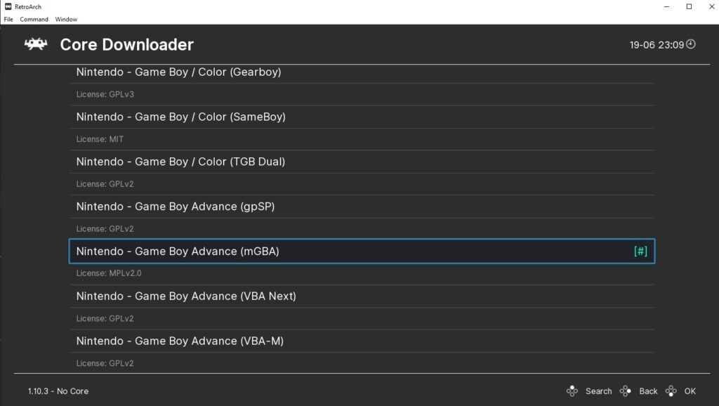 Downloading a Libretro core for Nintendo GBA in RetroArch.