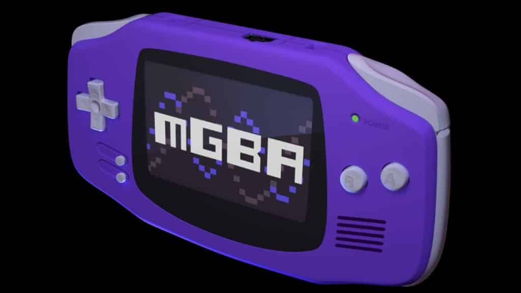 The mGBA emulator default screen, showing a render of the Game Boy Advance.